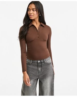 BarIII Long-sleeve Ruched Polo Shirt - Brown