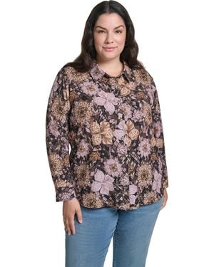 KARL LAGERFELD Plus Size Geo Floral Long-sleeve Button-up Woven Blouse - Red