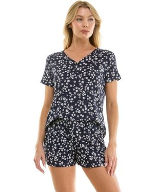 Jaclyn Intimates V-neck Henley Top And Flared Pajama Shorts - Blue