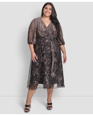 DKNY Plus Size Ombre Printed Balloon-sleeve Faux-wrap Dress - Black