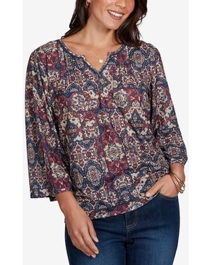 Ruby Rd. Petite Patchwork 3/4-sleeve Henley Blouse - Red