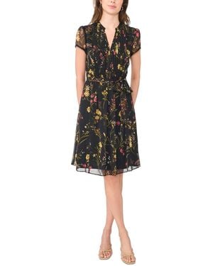 Msk Floral-print Pintuck Short-sleeve Shirtdress - Black