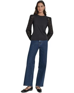 DKNY Lace Puff-sleeve Crewneck Top - Blue