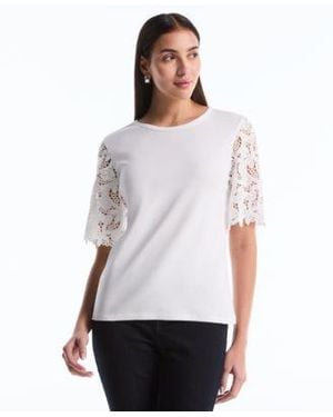 Rafaella Draped Lace Crew Neck Top - White