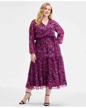 Kasper Plus Size Printed Blouson-sleeve Midi Dress - Purple