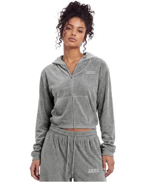 AELFRIC EDEN Rhinestone Velour Cropped Zip-up Hoodie - Gray