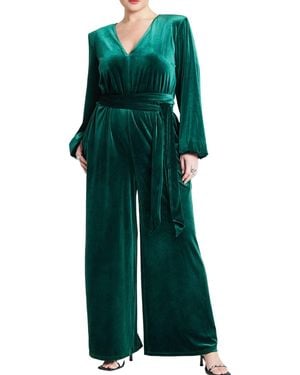 Eloquii Plus Size Velvet Wide Leg Jumpsuit - Green