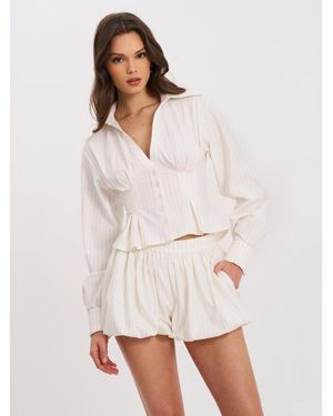 Miss Circle Sylvia Pinstripe Deep V Pleated Shirt - White