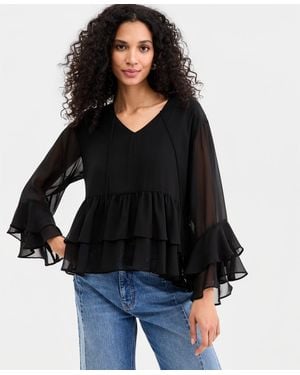 On 34th Long Sleeve Chiffon Ruffle Blouse - Black