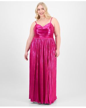 City Studios Trendy Plus Size Pleated Metallic Sleeveless Gown - Pink