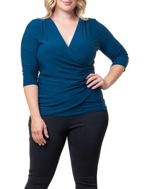 Kiyonna Plus Size Femme Fatale Faux Wrap Top - Blue