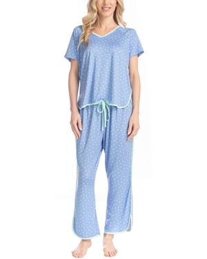 Muk Luks Artistic Garden V-neck Top And Ankle Pants - Blue