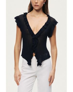 Nocturne Ruffled V-neck Sheer Blouse - Blue