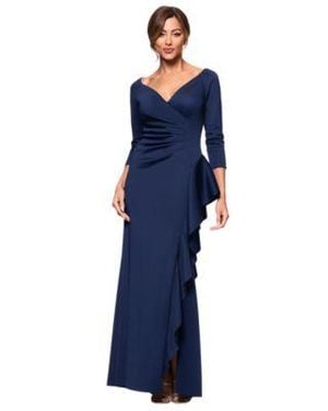 Xscape V Neck Ruffled Side Slit Scuba Gown - Blue