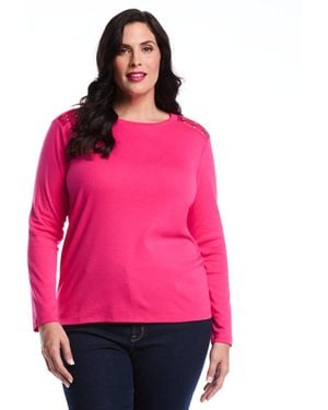 Rafaella Plus Size Laced Crew Neck Long Sleeve Top - Pink