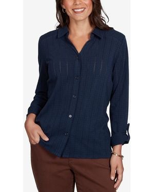 Ruby Rd. Petite Striped 3/4-sleeve Henley Collar Blouse - Blue