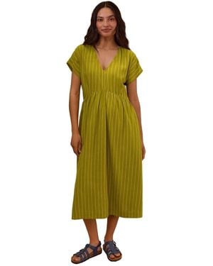 Celtic & Co. V-neck Gathered-waist Striped Midi Dress - Yellow