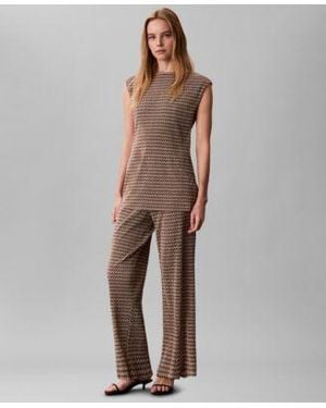 Calvin Klein Plisse Print Boat Neck Tunic Top Plisse Print Wide Leg Pants - Brown
