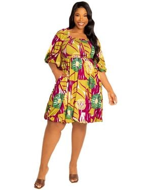 Buxom Couture Plus Size Print Smocked Puff Sleeve Bubbled Dress - Orange