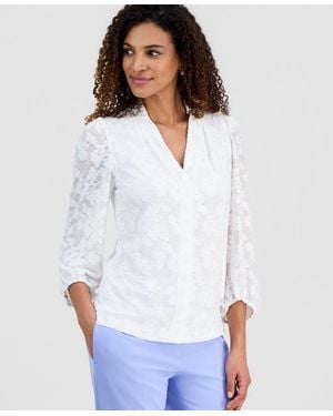 Kasper Burnout Floral V-neck Blouse - Blue