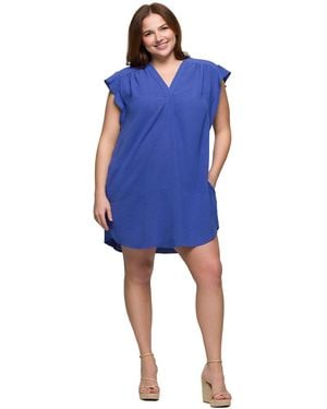 24seven Comfort Apparel Plus Size V-neck Cap Sleeve Knee Length Pocket Dress - Blue