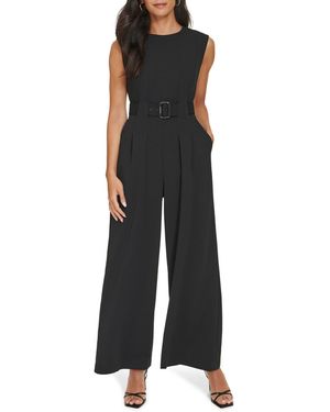 Calvin Klein Crewneck Sleeveless Belted Jumpsuit Dress - Black