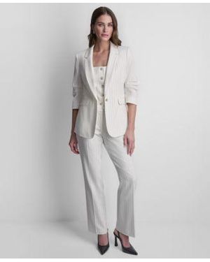 DKNY Pinstripe One Button Notch Collar Jacket Sleeveless Pinstripe Button Front Vest Pinstripe Flared Fit Pants - Gray
