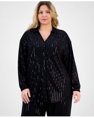 Anne Klein Plus Size Sequin Pinstripe Drop-shoulder Tunic Shirt - Black