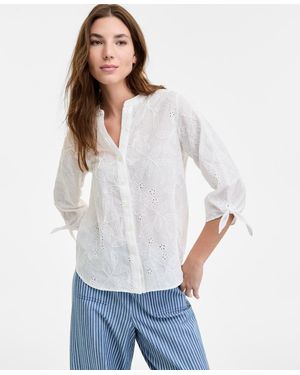 Jones New York Y-neck Button-front Embroidered Cotton Top - White