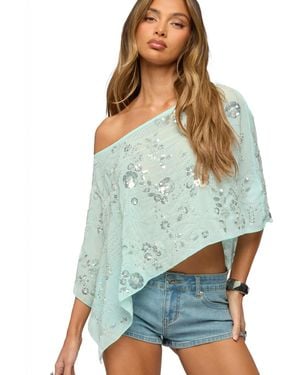 Edikted Triana Bead And Sequin Chiffon Poncho - Blue