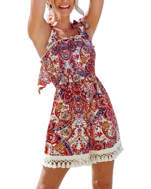 CUPSHE Paisley Square Neck Tassel Hem Romper - Red