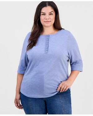 Democracy Plus Size Crochet 3/4-sleeve Henley Top - Blue