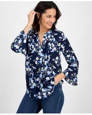 Style & Co. Printed Pintuck Ruffle Sleeve Top - Blue