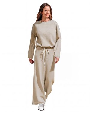 CUPSHE Knit Lounge Crew Neck Top And Wide Leg Pants - Natural