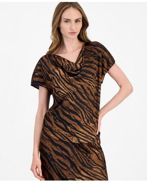 Anne Klein Cowl Neck Animal-print Blouse - Brown