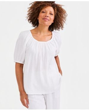 Style & Co. Cotton Gauze Puff-sleeve Top - White