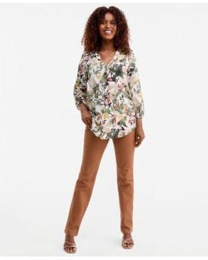 Jones New York V Neck Pleat Front Top Lexington Straight Jeans - Multicolor