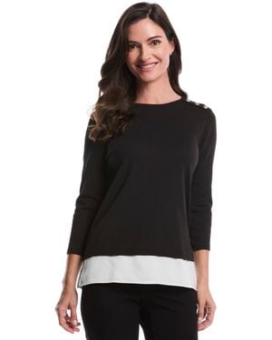 Rafaella Petite Rivet Detail Mixed Media Layered 3/4 Sleeve Top - Black