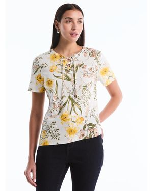 Rafaella Petite Garden Print Lace-up Top - White