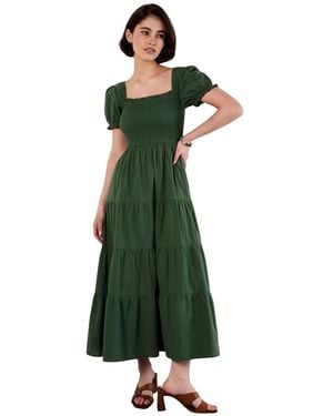 Apricot Smocked Cotton Poplin Midi Dress - Green