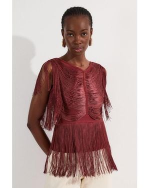 Karen Millen Draped Fringe Knitted Top - Red