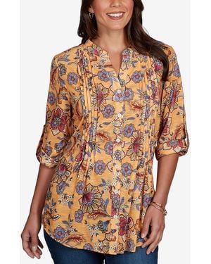 Ruby Rd. Petite Vines Henley 3/4-sleeve Button-front Top - Orange
