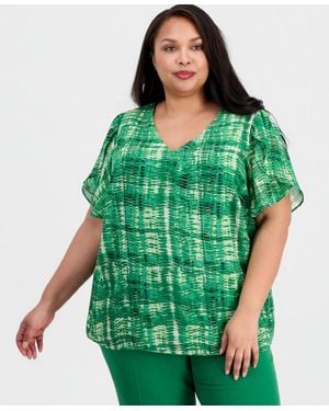 Kasper Plus Size V-neck Tulip-sleeve Top - Green
