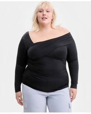BarIII Trendy Plus Size Asymmetrical-neck Long-sleeve Top - Black