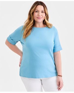 Style & Co. Plus Size Boat-neck Elbow Sleeve Cotton Top - Blue