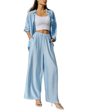 CUPSHE Wide-leg Long-sleeve Collared 2-piece Pant Set - Blue