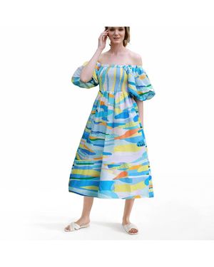 Jessie Zhao New York Landscape Smocked Cotton Silk Dress - Blue
