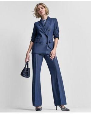 DKNY Double Breasted Notch Collar Jacket Pintuck Fit Flare Pants Crew Neck Long Sleeve Top - Blue