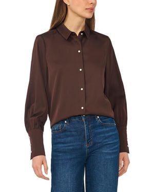 Cece Luxe Satin Imitation Pearl Button Down Blouse - Brown