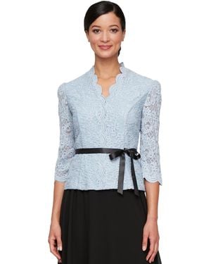 Alex Evenings Lace Belted 3/4-sleeve Blouse - Blue